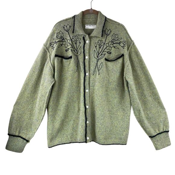 We The Free Wildflower Cardigan Sweater Size L Sage Green Tan Boho Embroidered - Picture 9 of 9